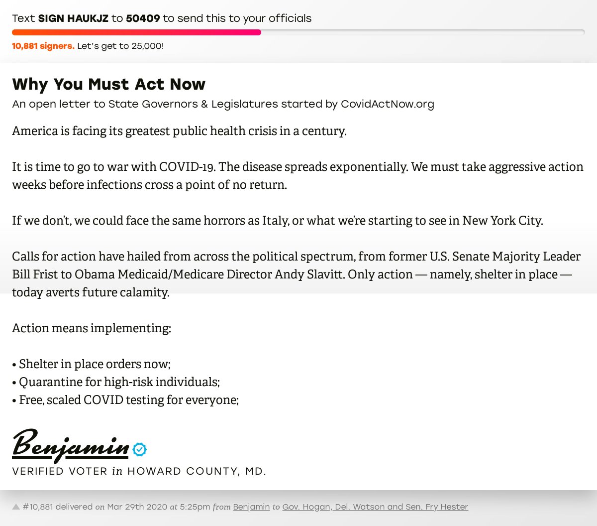 openletterbot's tweet photo. 🖋 Support Benjamin by signing “Why You Must Act Now” and I’ll deliver a copy to your officials too: https://t.co/16MelKrxZ2

📨 Last delivered to @LarryHogan, Delegate Watson and Senator Fry Hester  #MDpolitics #MDpoli #COVID19 https://t.co/XAItJ4N7Gx