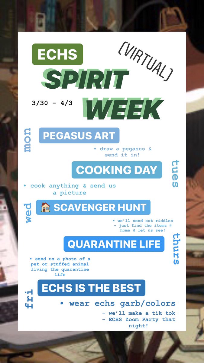 theechsvoice's tweet photo. Happy Sunday everyone, Leadership is proud to present our virtual spirit week! Take pictures of yourself for each day and put them in the google doc in the bio (also in your email)! @FSUSD_ECHS @pwmmson https://t.co/yUPJmC8hgh