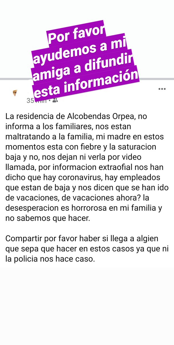 nuryactriz's tweet photo. @IdiazAyuso Presidenta necesito su ayuda con urgencia ya que de mi tema pasa cualquier persona del Gobierno, si le pidio ayuda para una amiga que tiene a su madre mala en una residencia y pasan de darle cualquier tipo de información ni la policia. Ayuda por favor Isabel. https://t.co/KsUP10D54l