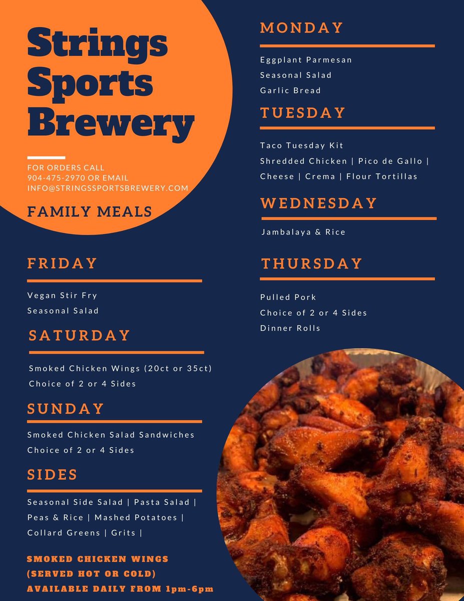 Strings Sports Brewery (@stringsbrewery) on Twitter photo This weeks new menu is up!! The family meals are going quick so make sure you pre-order just to be sure!👍 Email your orders to info@stringssportsbrewery.com or call us at (904)475-2970 from 12-7pm! We love serving this community and are ready for another week!!💙 This weeks new menu is up!! The family meals are going quick so make sure you pre-order just to be sure!👍 Email your orders to info@stringssportsbrewery.com or call us at (904)475-2970 from 12-7pm! We love serving this community and are ready for another week!!💙