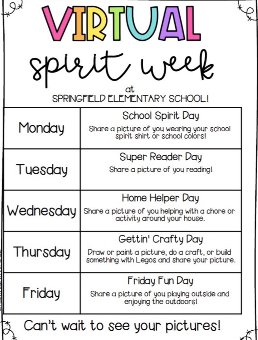 SpringfieldES1's tweet image. Virtual Spirit Week starts tomorrow at Springfield Elementary! We can’t wait to see all of our students and teachers in their spirit shirt or school colors!! 💙🤍 #bestschoolinamerica #LivingstonMADE