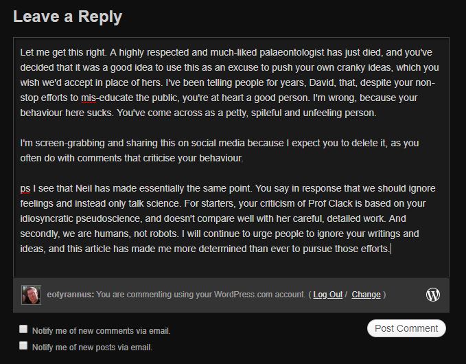 TetZoo's tweet photo. David Peters is not just a serial mis-educator, he is also vile and unfeeling. I've written this comment for his site but don't expect it to appear... #PetersProblem https://t.co/wzHMt6WOGr