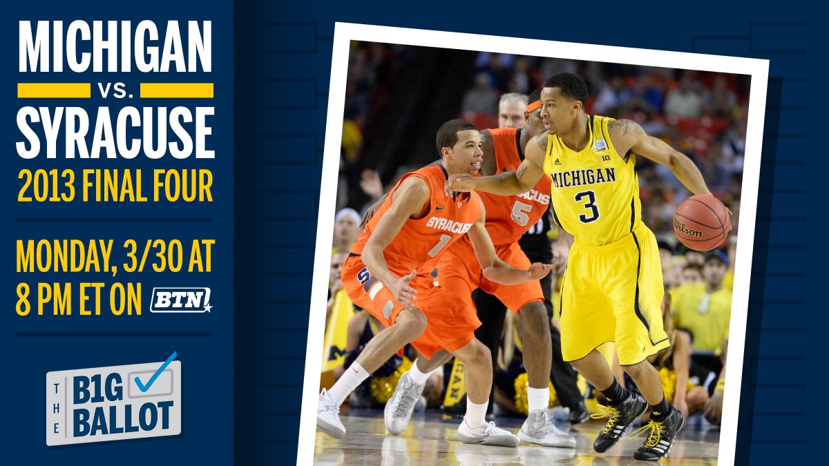 Thinking back on March memories, that 2-3 zone didn’t have an answer for @umichbball ¯\_(ツ)_/¯ Stay tuned for a replay of our 2013 Final Four victory vs. Syracuse on 𝐌𝐨𝐧𝐝𝐚𝐲 at 8 PM ET on BTN. Excited to catch the live tweets from Coach @JohnBeilein! 〽️ #GoBlue #sponsored