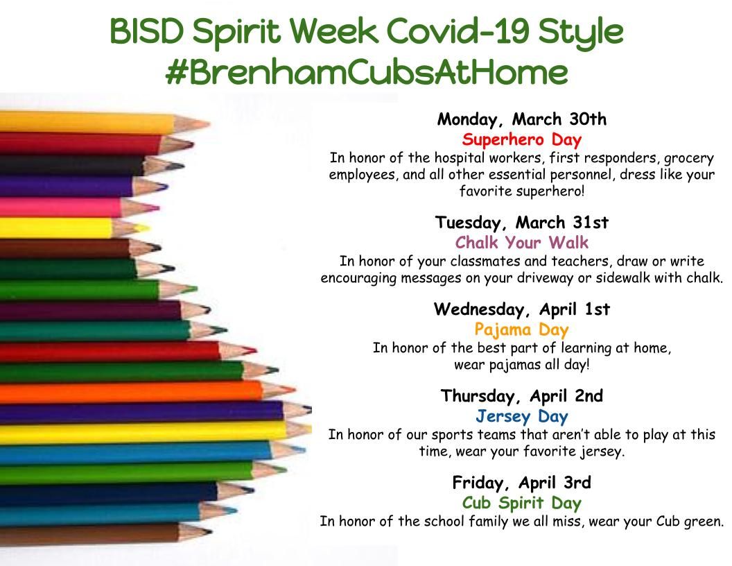 BrenhamISD's tweet photo. We know it's hard to be stuck at home and we want you all to know how much we miss your smiling faces! Join us this week for a BISD remote spirit week and share your smiles with us! Tag Brenham ISD in your post and use #BrenhamCubsAtHome. Stay safe and know we miss you so much! https://t.co/zegzxqrgjx