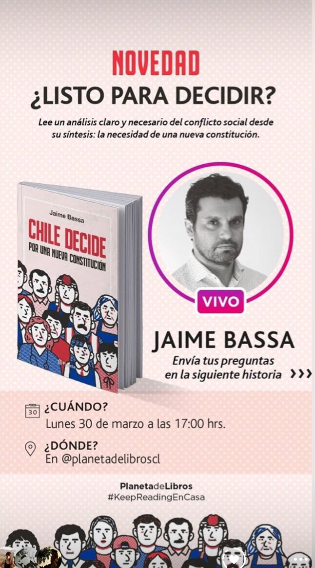 Jaime_Bassa's tweet photo. Este lunes haremos una presentación en línea de mi libro “Chile decide: por una nueva Constitución”, a las 17:00 a través del Instagram de la editorial Planeta @Planetadelibroscl https://t.co/603jI1gOrr