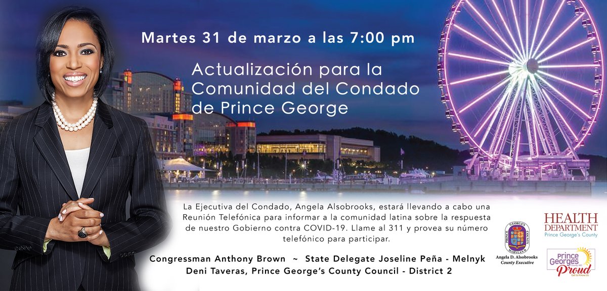 pgcps's tweet photo. County Executive @CEXAlsobrooks will host a Latino TeleTown Hall about the government response to COVID-19 on Tuesday, March 31 at 7:00 PM. Call 311 and give your phone number to participate or register here: https://t.co/7INLhLgtXF https://t.co/R2qmLPQBlM