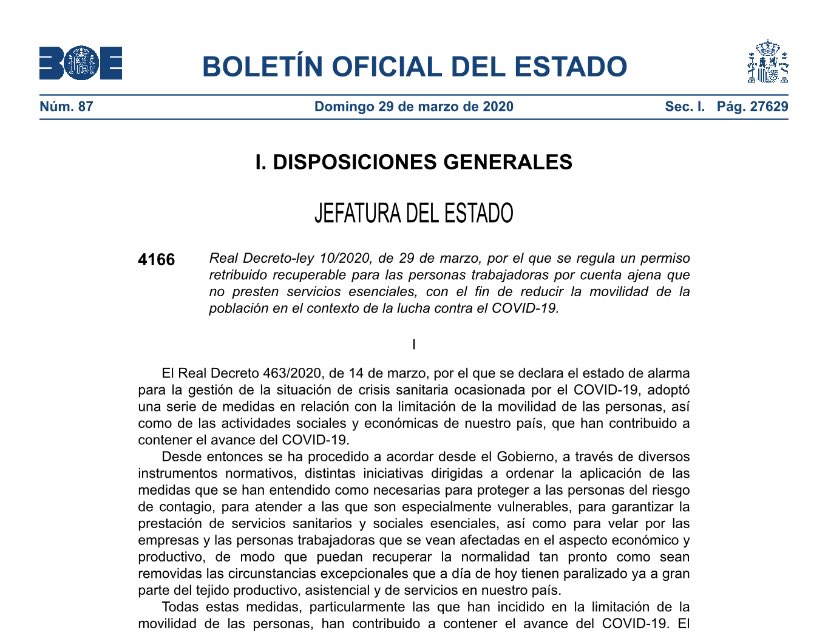 miltorres_'s tweet photo. Real Decreto-ley 10/2020, de 29 de marzo, por el que se regula un permiso retribuido recuperable para las personas trabajadoras por cuenta ajena que no presten servicios esenciales, con el fin de reducir la movilidad de la población en el contexto de la lucha contra el COVID-19. https://t.co/Po5ehCvpFa
