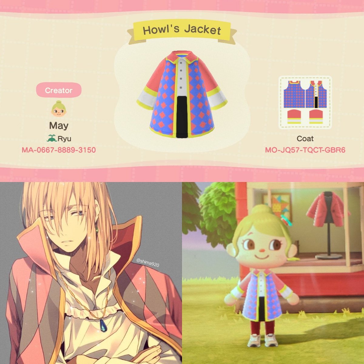 mellowbunnnyy's tweet photo. Howls jacket. Howls moving castle. #ACNH #animalcrossingnewhorizons #animalcrossingdesigns #howlsmovingcastle #jacket #howl #wizardhowl https://t.co/6Z0JqqyTlX