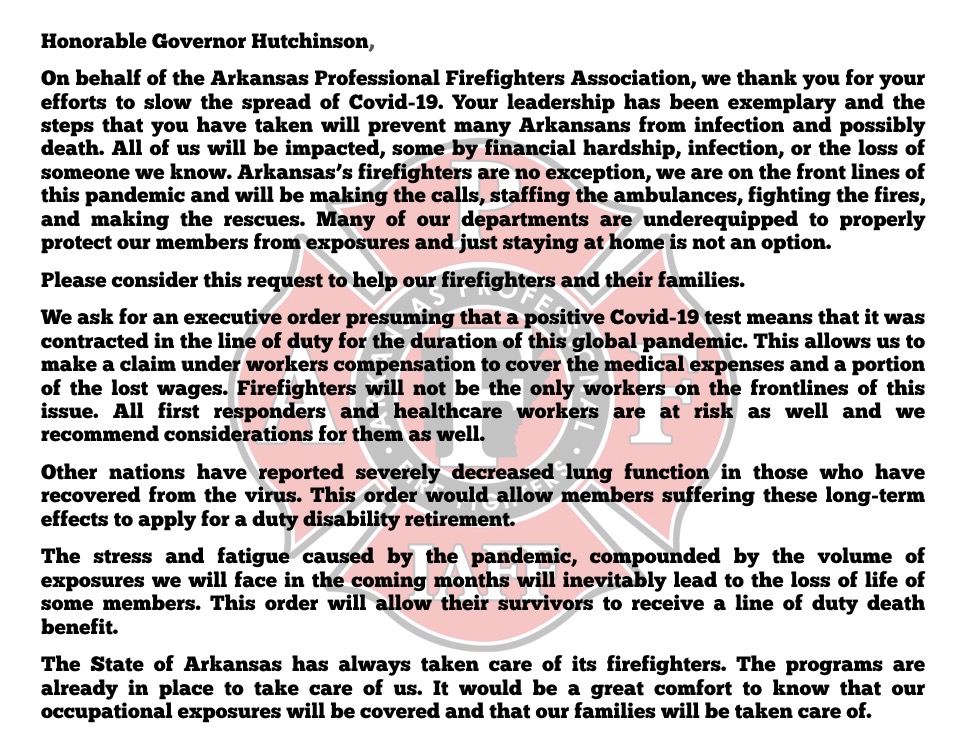 Our workplace is wherever help is needed and right now there are a lot more people who may need help and that workplace is all the more dangerous. We still show up. We would just like to know that when we need help it is there aswell. <a href="/AsaHutchinson/">Gov. Asa Hutchinson</a> <a href="/ARGOP/">Arkansas GOP</a> <a href="/ArkDems/">Democratic Party of Arkansas</a>