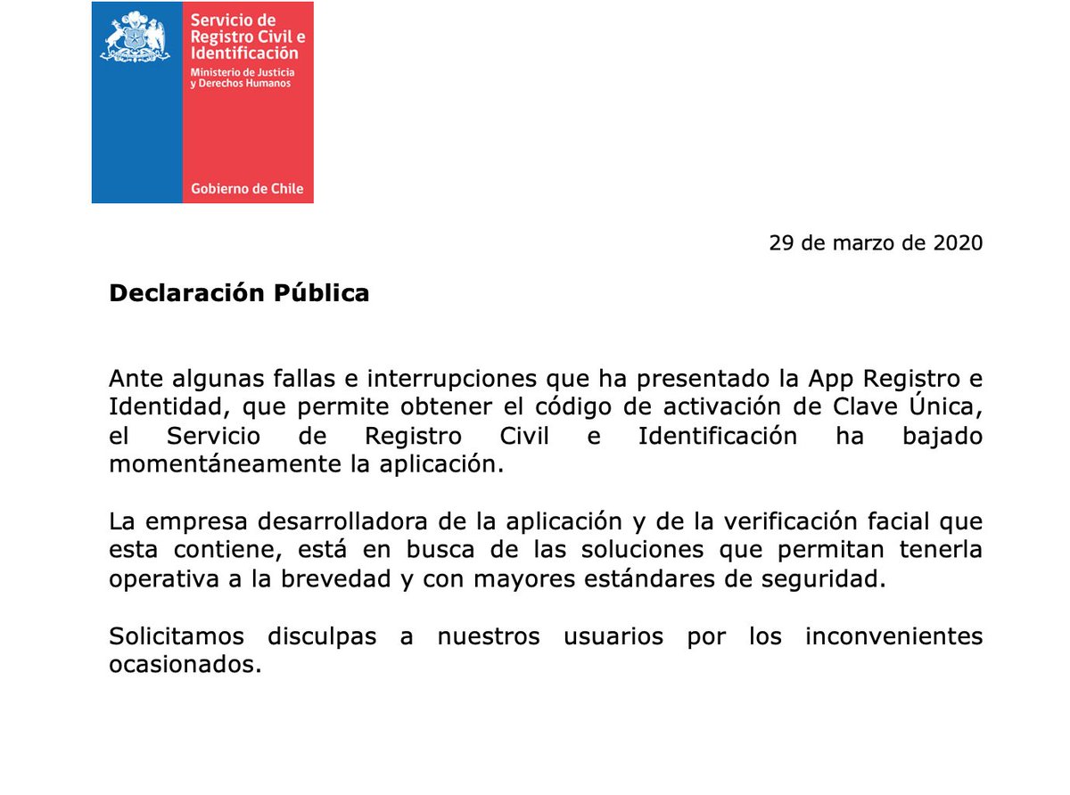 Ante los problemas presentados por la app #RegistroeIdentidad <a href="/RegCivil_Chile/">Registro Civil e Identificación - Chile</a> informa
