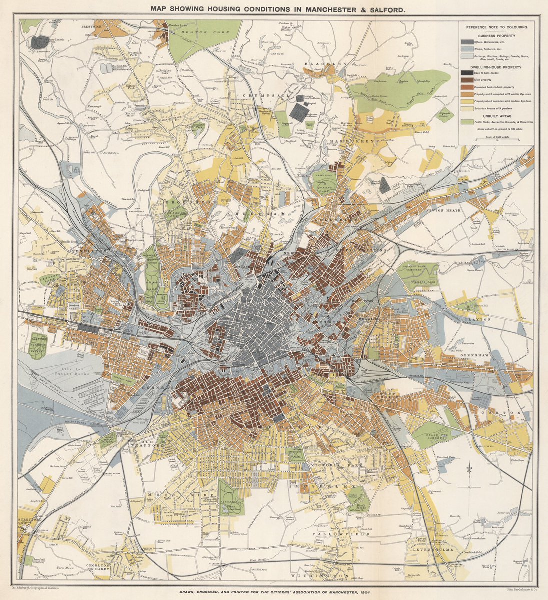 Amazing map from the 1904 Report ‘Housing Conditions in Manchester &amp; Salford’ by T.R.Marr. Many thanks Martin Dodge of Manchester University who kindly provided me with the image. Features in his great book ‘Manchester: Mapping the City’: amazon.co.uk/dp/1780275307/…