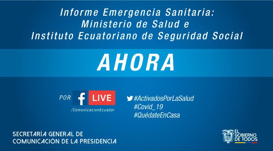 ComunicacionEc's tweet photo. AHORA | Informe de emergencia sanitaria por parte del Ministerio de @Salud_Ec y el @IESSec. #JuntosEcuador🇪🇨 

Sígalo por ▶️  https://t.co/9iI5BpcJeI

#ActivadosPorLaSalud
#QuédateEnCasa 
#Covid_19 https://t.co/VAZoo8itpI