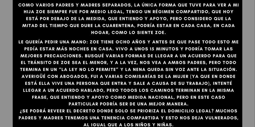 SoyDilo's tweet photo. Hola, Sr. Presidente @alferdez, soy Esteban de Berisso. Le hablo como padre: debido al aislamiento, no nos vemos con mi hija hace 10 días y al extenderse la #cuarentena (es entendible) va a ser mucho más difícil. 
Entiendo que esto representa muchos otros casos. 
¡Gracias! https://t.co/s6HQtZoD7S