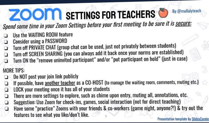 LEISDDigLearn's tweet image. Hey @leisd teachers, if you start to connect w/ your students this week, remember these tips to keep your meetings secure &amp;amp; private! Also, we’d add please don’t post screenshots of your Zoom screen. Shoutout to @mullalyteach for the great graphic! #safelobo