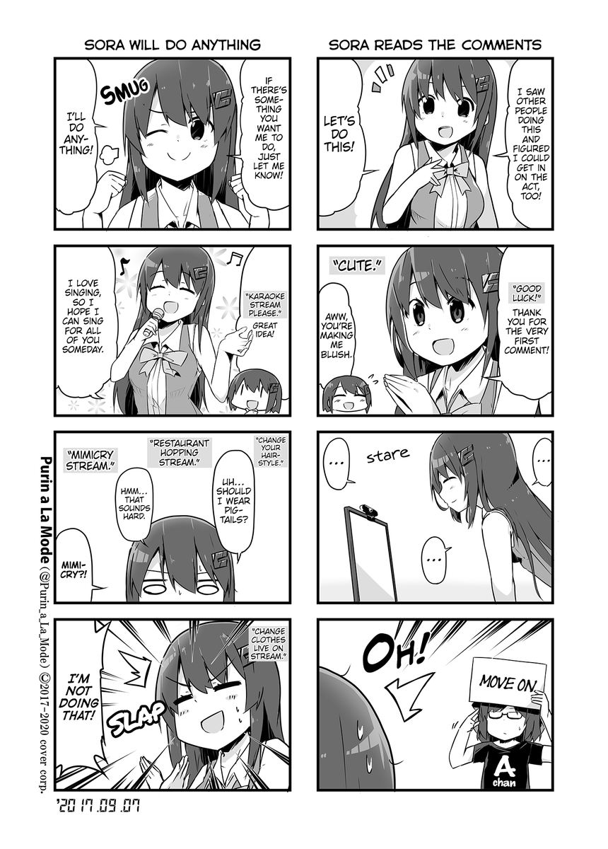 [Manga]
"Sora Says Hello"

In this series, Sora will show us highlights from her history! ୧(๑•̀ㅁ•́๑)૭✧
Now with translations!
#そらレコ 

To all Soratomos, leave your thoughts in the comments! https://t.co/4rpTSLo0J5 