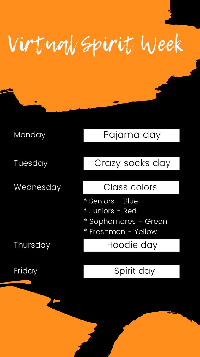Virtual Spirit Week!! Make sure and participate and send your picture to orange rush and we will post them!! Hope everyone is safe and healthy! 🧡