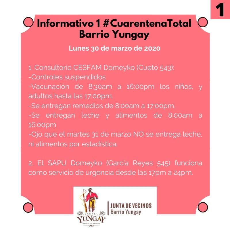 JVBarrioYungay's tweet photo. Informativo para lunes 30 de marzo de 2020 en @MiBarrioYungay.
La salud de nuestras comunidades es la prioridad, lamentamos la indolencia, indiferencia y egoísmo de algunas personas.
Nos cuidaremos con todo y con todos.
#Santiago #Chile
#CuarentenaTotal
#COVID19 https://t.co/PgL508YSTq