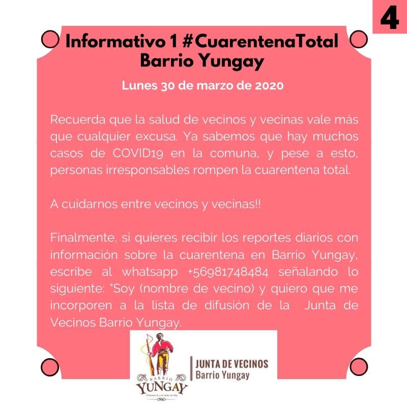 JVBarrioYungay's tweet photo. Informativo para lunes 30 de marzo de 2020 en @MiBarrioYungay.
La salud de nuestras comunidades es la prioridad, lamentamos la indolencia, indiferencia y egoísmo de algunas personas.
Nos cuidaremos con todo y con todos.
#Santiago #Chile
#CuarentenaTotal
#COVID19 https://t.co/PgL508YSTq