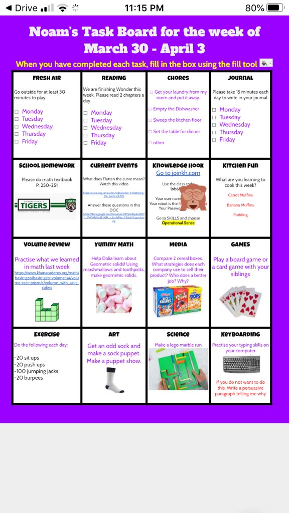 mrsgoldwasser's tweet photo. Ready for next weeks learning w my gr1, gr5 &amp; gr7 kids. Had paper choice boards 4 little one last week but she insisted on digital interactive board like siblings (she helped me create her board). Fav moments last week; marble run from recycled stuff &amp; jello procedural video! https://t.co/C25PsxrlSI