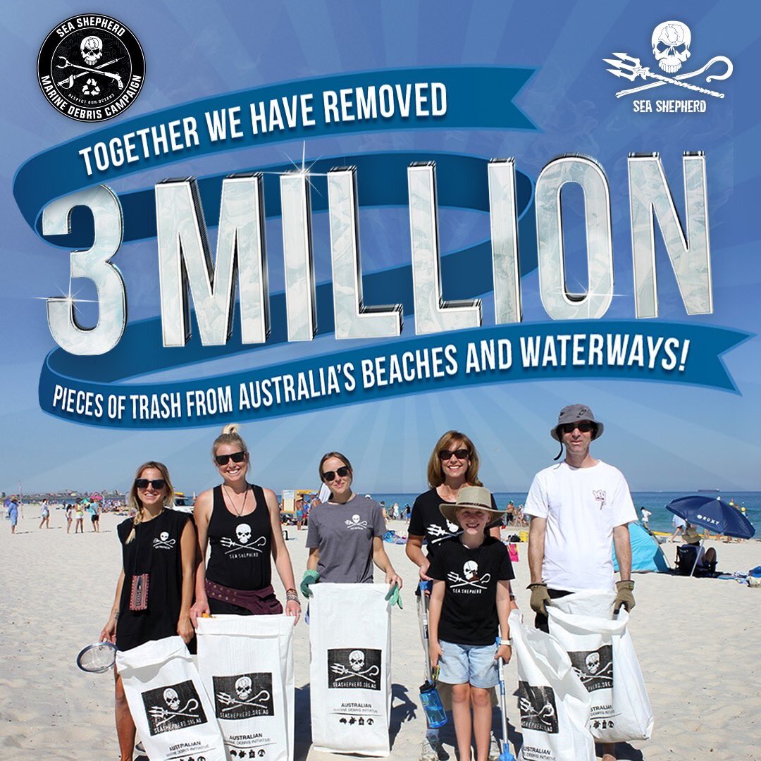 SeaShepherdMDC's tweet photo. With your support, our campaign has reached yet another milestone, this time removing over 3 million pieces of trash from Australia's beaches and waterways! 🌊

Learn more 👉 https://t.co/N6WCooo40e

Thank you for being part of the movement to #StemTheTide of ocean plastics. https://t.co/EvsY0lbtpt
