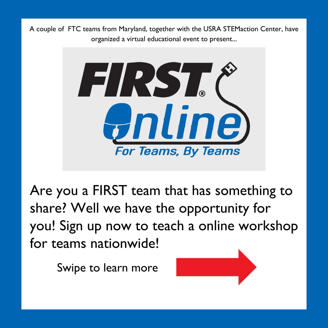 almondrobotics's tweet image. Recruiting instructors now! Read below for more info!
Visit the FIRST Online Website to sign up! firstroboticsonline.weebly.com
Join our Discord!
discord.gg/P3b5zz
@FTCTeams @FIRSTweets @FRCTeams @firstlegoleague