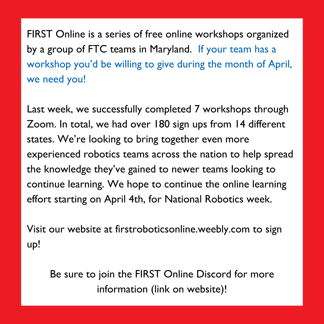almondrobotics's tweet image. Recruiting instructors now! Read below for more info!
Visit the FIRST Online Website to sign up! firstroboticsonline.weebly.com
Join our Discord!
discord.gg/P3b5zz
@FTCTeams @FIRSTweets @FRCTeams @firstlegoleague