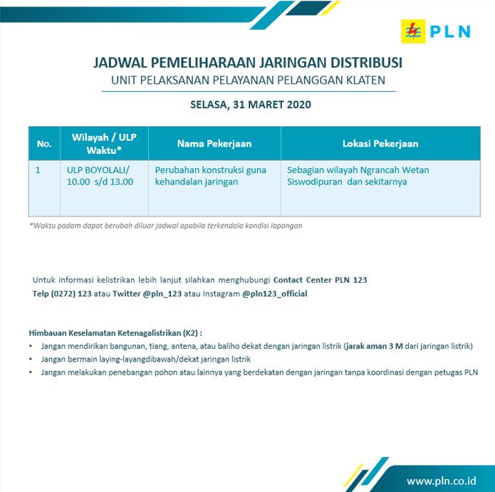 #infoPLN
Jadwal pemeliharaan untuk wilayah Boyolali bisa disimak di sini ya, Sobat.
Sehat selalu :) -RL