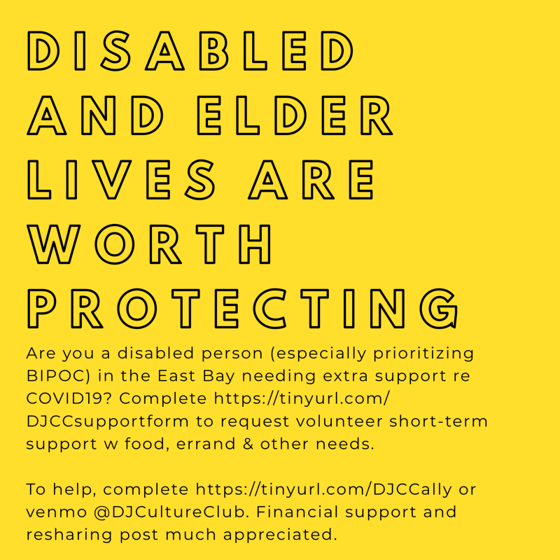 Are you a #HighRiskCovid19 person of color in the East Bay? Contact us if you need volunteer grocery delivery, med pick up, light house keeping, or safety check ins. We are currently supporting 65 people right now in English, Spanish and ASL. tinyurl.com/DJCCsupportform