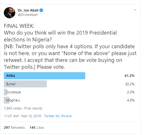 teguando1's tweet photo. Never ever take Joe Abah and his poll serious.
His survey Never made @atiku President.
His survey doesn't &amp; can't be used to rate @MBuhari performance either.
Joe Abah is a slippry snake who is pained he didn't get re-appointed or an appointment this 2nd term of @MBuhari 😂🤣🤣 https://t.co/S7OJ4QBLQ5