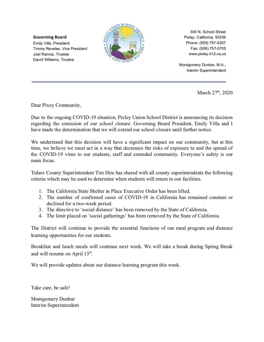 PixleyUSD's tweet photo. IMPORTAN ANNOUNCEMENT: Pixley USD announces extended school closures until further notice. [SPAN] El distrito escolar de Pixley anuncia cuerre de las escuelas extendido hasta previo aviso. https://t.co/O6zsuYmrUb