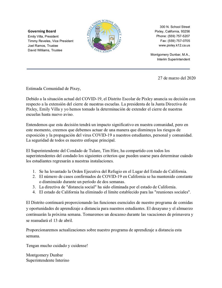PixleyUSD's tweet photo. IMPORTAN ANNOUNCEMENT: Pixley USD announces extended school closures until further notice. [SPAN] El distrito escolar de Pixley anuncia cuerre de las escuelas extendido hasta previo aviso. https://t.co/O6zsuYmrUb
