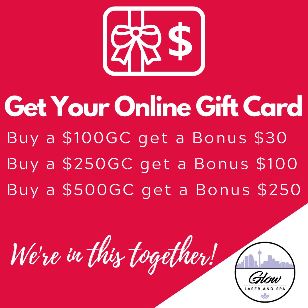 GlowLaserSpa1's tweet photo. Let’s face it: when the COVID-19 crisis is said and done, we are all going to need some serious rejuvenation. The good news is we’ve got you covered. 

👉Buy a $100GC get a Bonus $30
👉Buy a $250GC get a Bonus $100
👉Buy a $500GC get a Bonus $250

https://t.co/in5VmJR5jx #yyc https://t.co/4mAEqxJi8M