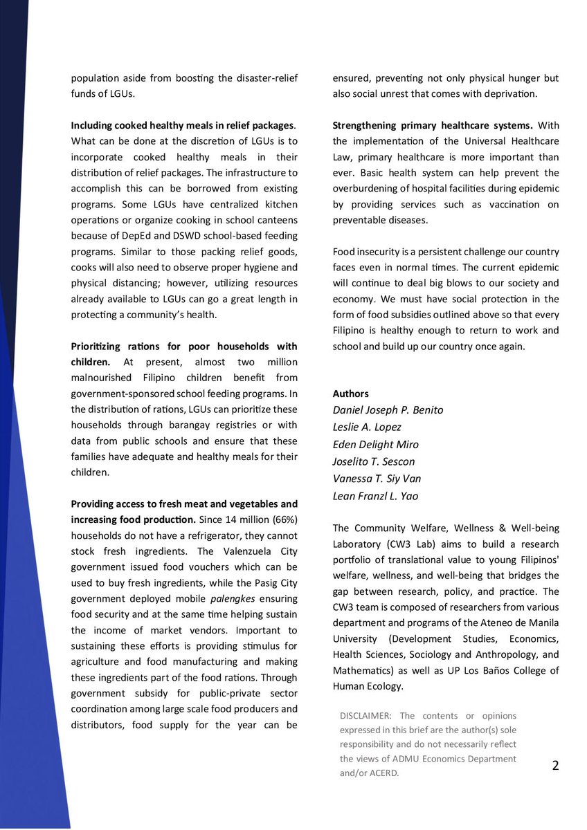 Paano na sila?
Fighting COVID-19 and food insecurity

By:
Daniel Joseph P. Benito et al.

You may download Policy Brief 2020-04 at ateneo.edu/sites/default/…

You may visit and download for more Policy Briefs at ateneo.edu/ls/soss/econom…