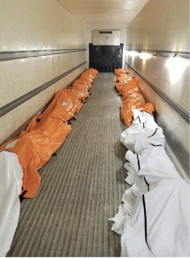 TTKKane's tweet photo. A nurse in NY took this pic of coronavirus fatalities loaded into a truck,  meanwhile that fucker is tweeting about his ratings #BoycottTrumpPressConferences https://t.co/gHRzGznT36