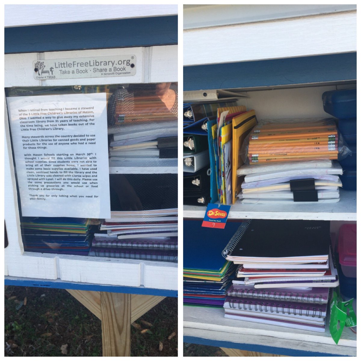Bookjacket54's tweet photo. As @MasonSchools begin remote learning 3-30-20, I have filled the Little Free Children’s Library on Tylersville Rd. w/school supplies. I have used clean, sanitized hands to fill the library &amp; the Little Library was cleaned w/ Clorox wipes &amp; sprayed w/ Lysol. 🧡 https://t.co/OxEPA13gak