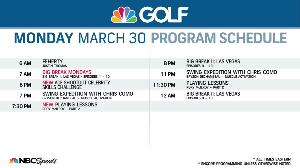 GolfChannelPR's tweet photo. Monday on @GolfChannel: #BigBreak Returns! 

- @BigBreak Mondays kicks off w/ Big Break II: Las Vegas marathon (7a-6p &amp; 8-11p ET) 
- New #PlayingLessons with @McIlroyRory, part II 
- 2020 @AceShootout Celebrity Skills Challenge
- Swing Expedition w @ChrisComoGolf: @b_dechambeau https://t.co/P15FLIB1Yp