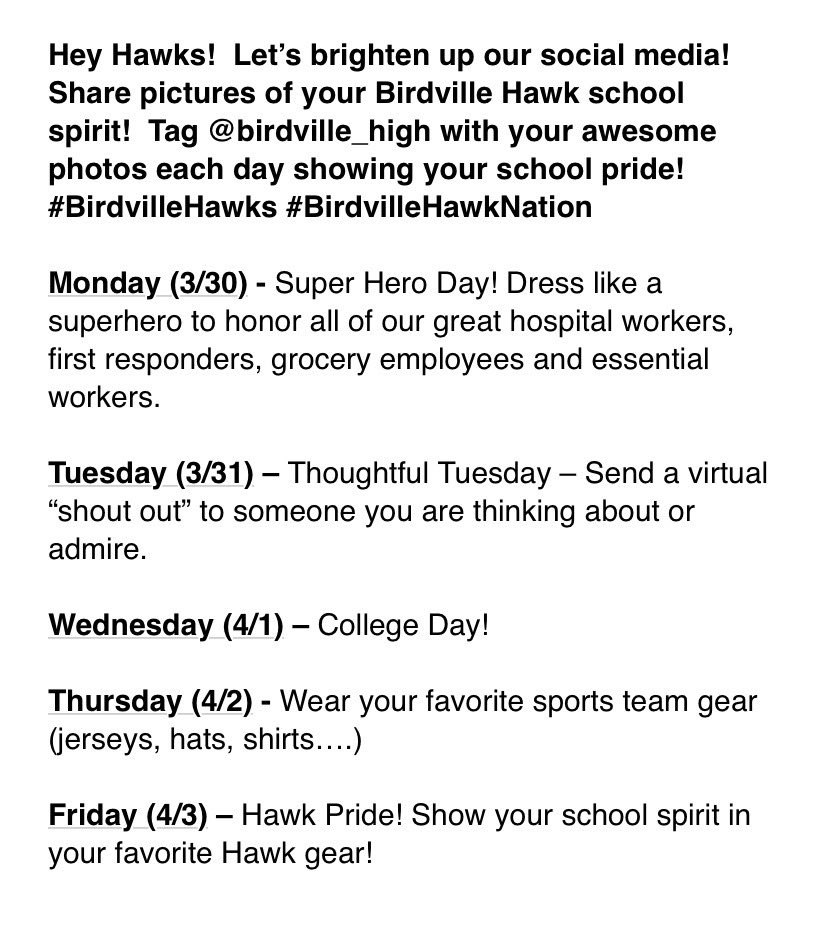 BirdvilleHigh's tweet photo. Hope everyone is well and staying safe! Here are the dress up days for this week https://t.co/2PEK4SjUll