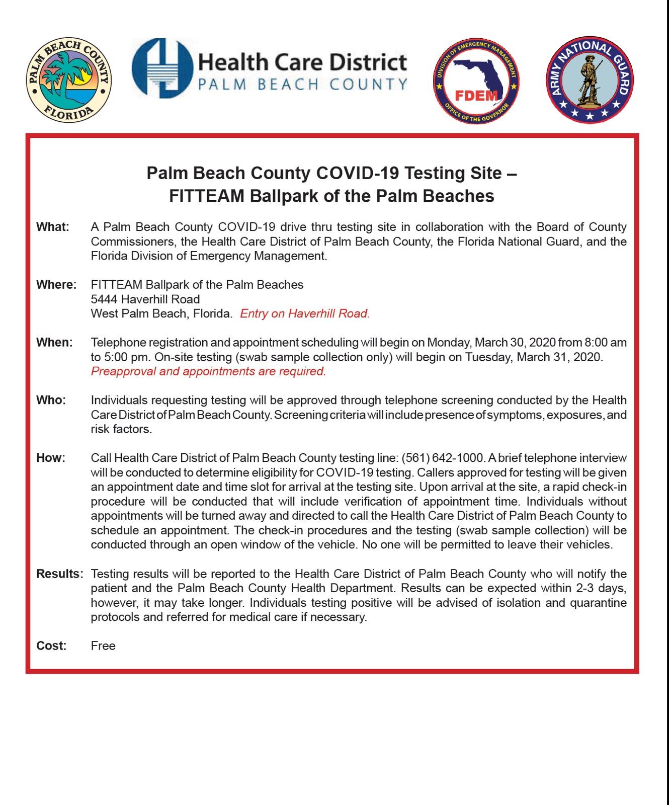 City Of West Palm Beach On Twitter A Covid 19 Drive Thru Testing Site Will Be Established At Fitteam Ballpark In West Palm Beach Individuals Requiring Testing Must Be Prescreened And Have An Appointment