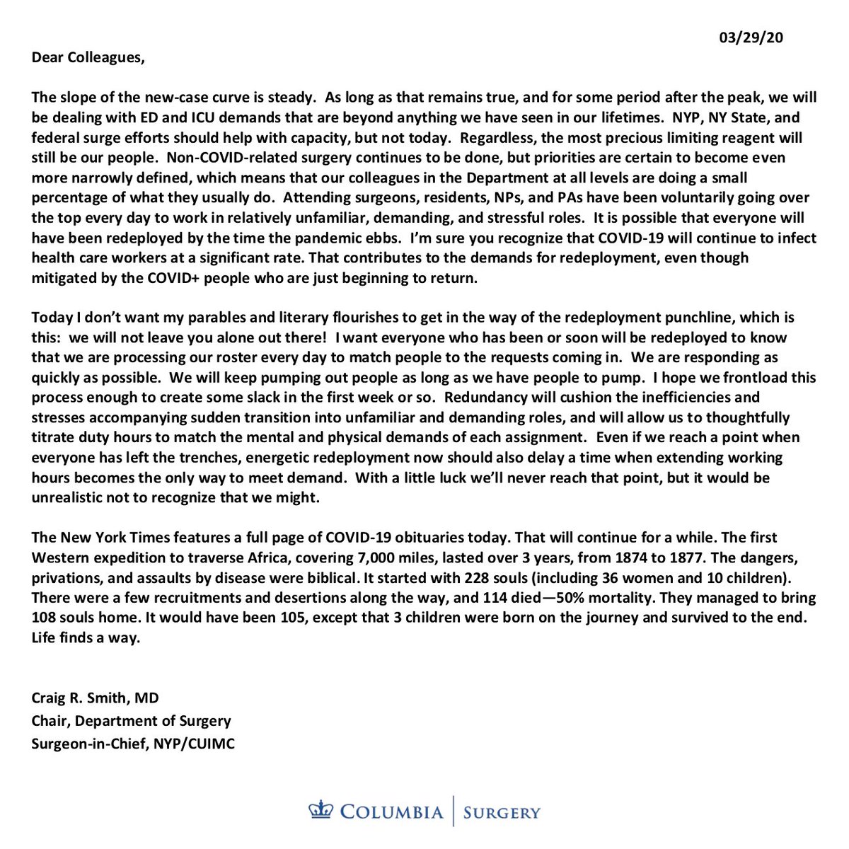 COVID-19 Update: Sunday, 3/29/20Closing out the weekend with the latest  #Covid_19 crisis update from Dr. Smith:  https://columbiasurgery.org/news/covid-19-update-dr-smith-32920