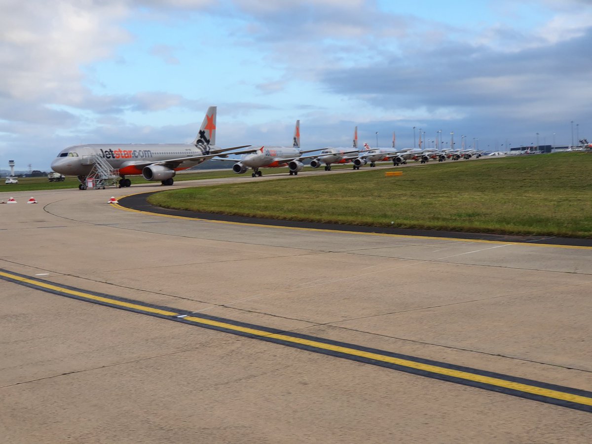 Nicflorent's tweet photo. This is a sight you wouldn't believe until you see it yourself. I hope they  fly again real soon so we all can go bank to work.#coronavirusaustralia #Qantas #jetstar #VirginAustralia https://t.co/ckP6ngVEEy