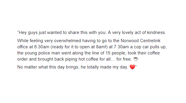 SAPoliceNews's tweet photo. This morning a member of the public named Nicki sent the below message and photos to South Australia Police.

We asked for her permission to share the story, as we felt it was a small reminder that little acts of kindness can go a long way: https://t.co/yNtPf6jUCB