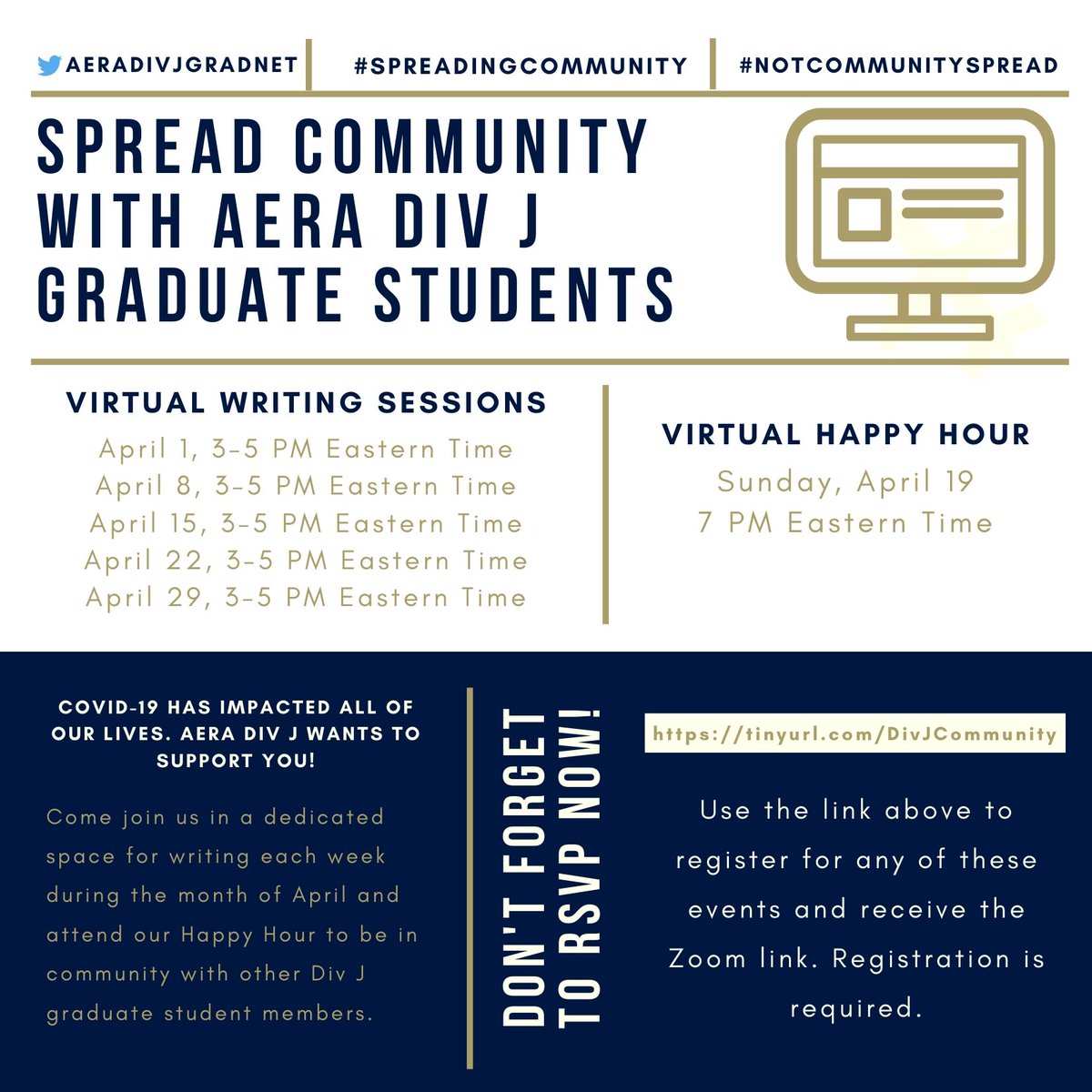 AERADivJGradNet's tweet photo. Feeling isolated and in search of community in the face of COVID-19? @AERADivJGradNet is putting together a series of virtual meet-ups to help grad students support one another and network. Join us by RSVPing at https://t.co/XL7VOd9Y3M #SpreadingCommunity #NotCommunitySpread https://t.co/8fG5zBuskC