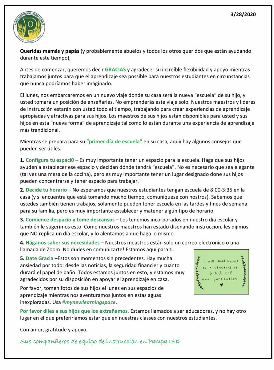 ElementaryLamar's tweet photo. Please see the attached parent informational letters in English and Spanish attached about our new At Home Learning for Pampa ISD. https://t.co/2PLbYZlL5p