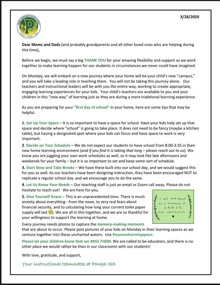 ElementaryLamar's tweet photo. Please see the attached parent informational letters in English and Spanish attached about our new At Home Learning for Pampa ISD. https://t.co/2PLbYZlL5p