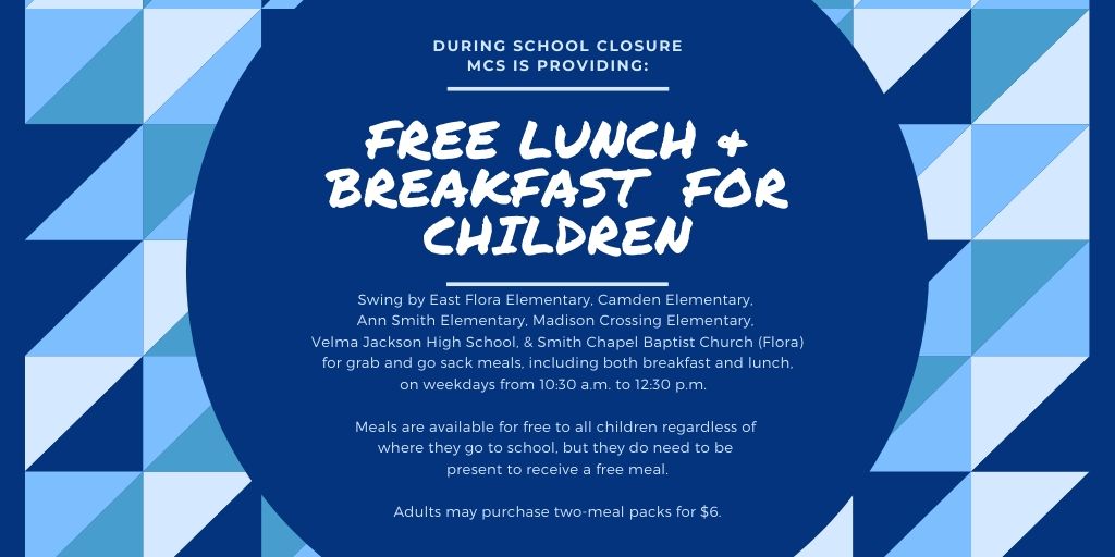mcsinfo's tweet image. Beginning Monday, 2 new meal pick up locations are available! Velma Jackson HS &amp;amp; Smith Chapel Baptist Church (Flora) join East Flora Elem, Camden Elem, Ann Smith Elem, and Madison Crossing Elem in serving meals. #CreateCollaborateCommunicate #MarkofExcellence #MovingtheMark