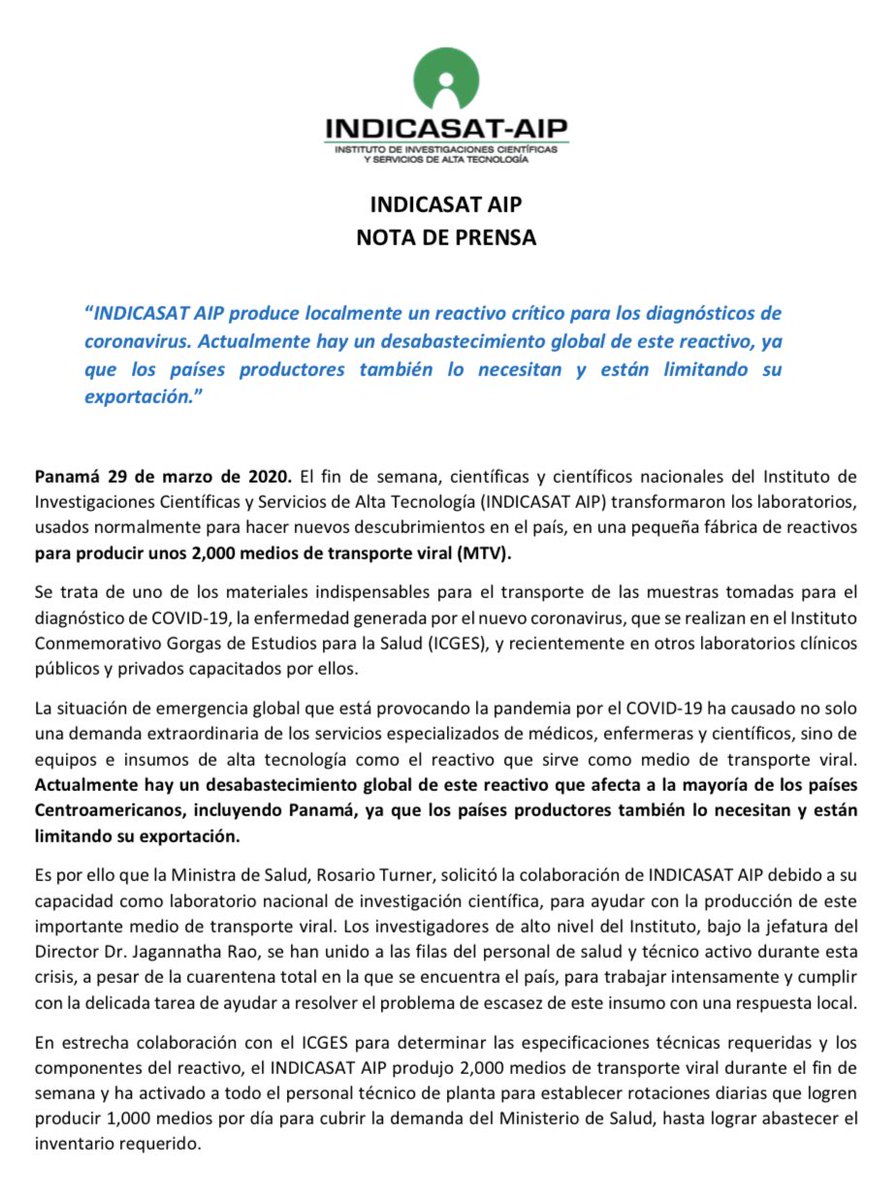 indicasat's tweet photo. “INDICASAT AIP produce localmente un reactivo crítico para los diagnósticos de coronavirus. Actualmente hay un desabastecimiento global de este reactivo, ya que los países productores también lo necesitan y están limitando su exportación.” https://t.co/0ciWsM054u