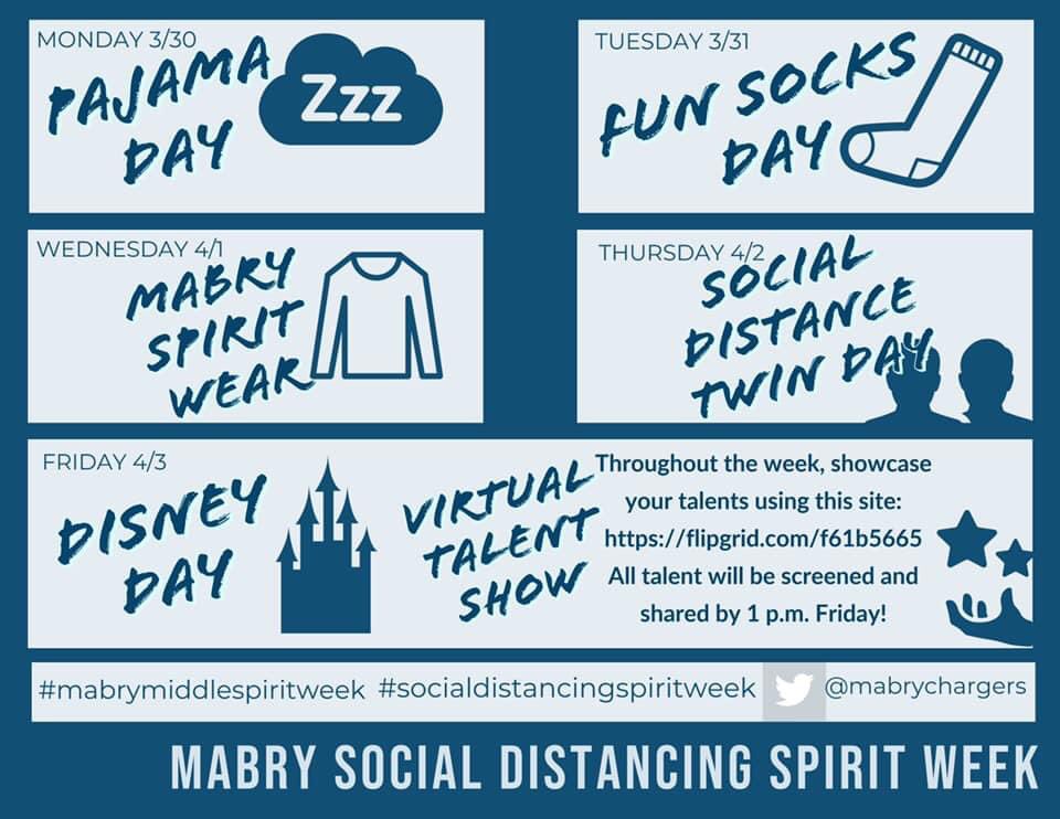 mrsaunderwood's tweet photo. Excited for @MabryChargers #socialdistancingspiritweek #mabrymiddlespiritweek! It’s the little things to look forward to and engage in with our community! We already have a few entries into our virtual talent show using @Flipgrid. Post using the hashtags. @STEMcobb https://t.co/p7OwACLGzj