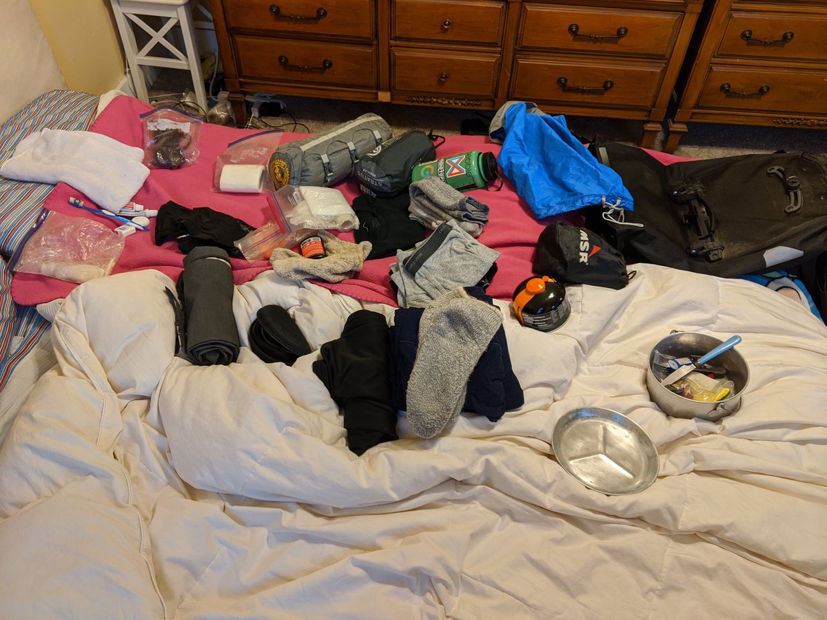 Here's pretty much all of the gear that I'm taking with me, all laid out. Minus what I'll be wearing tomorrow, and food.