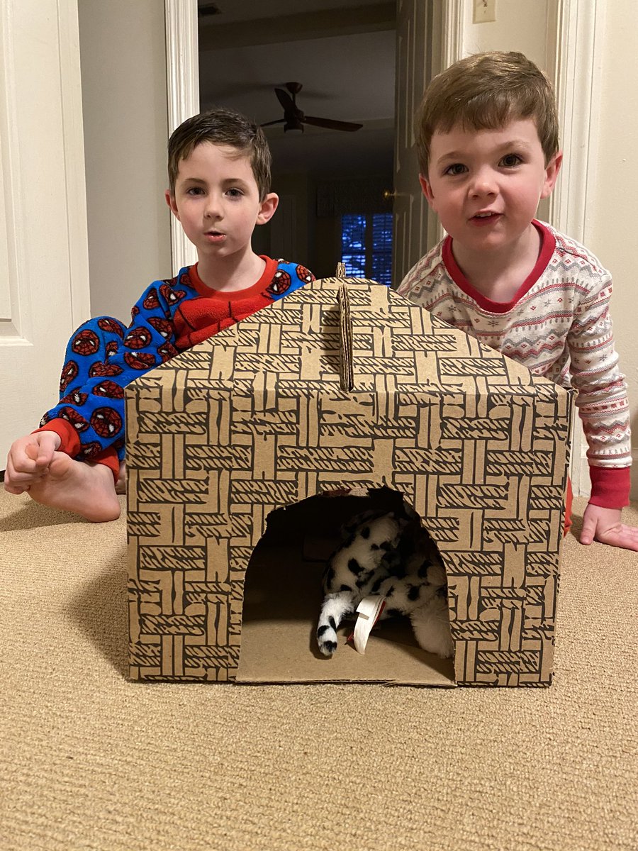stuoakes's tweet photo. @calhouns suggesting you have a challenge to see who can best transform your to-go box.  Currently ours is a dog house protecting 2 stuffed animals!!! https://t.co/NCaNuy6wNq