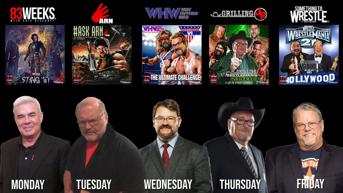 dgsilva1975's tweet photo. What a week is going to be with your favorite podcasts!
M- @83Weeks #Sting97
T- @TheArnShow #AskArn
W- @WHWMonday #WMVI
T- @JrGrilling #WM00
F- @PrichardShow #WM21
Plus, 5 BONUS episodes exclusively for @adfreeshows all available Monday! https://t.co/lMERV2Kexh